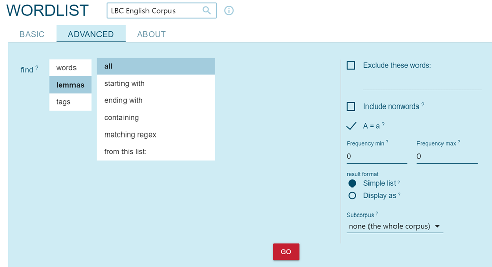 Word list search of lemmas in the English corpus.