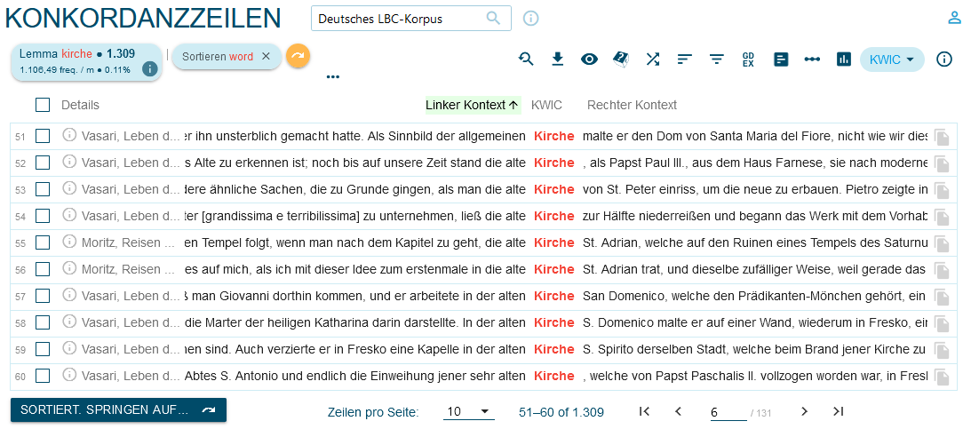Búsqueda de concordancias sobre el lema Kirche en el corpus alemán con el orden a la izquierda del lema seleccionado