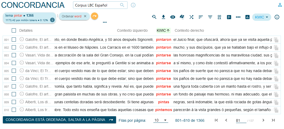 Búsqueda de concordancias sobre el lema pintar en el corpus español sin elección de orden del pivote o nudo