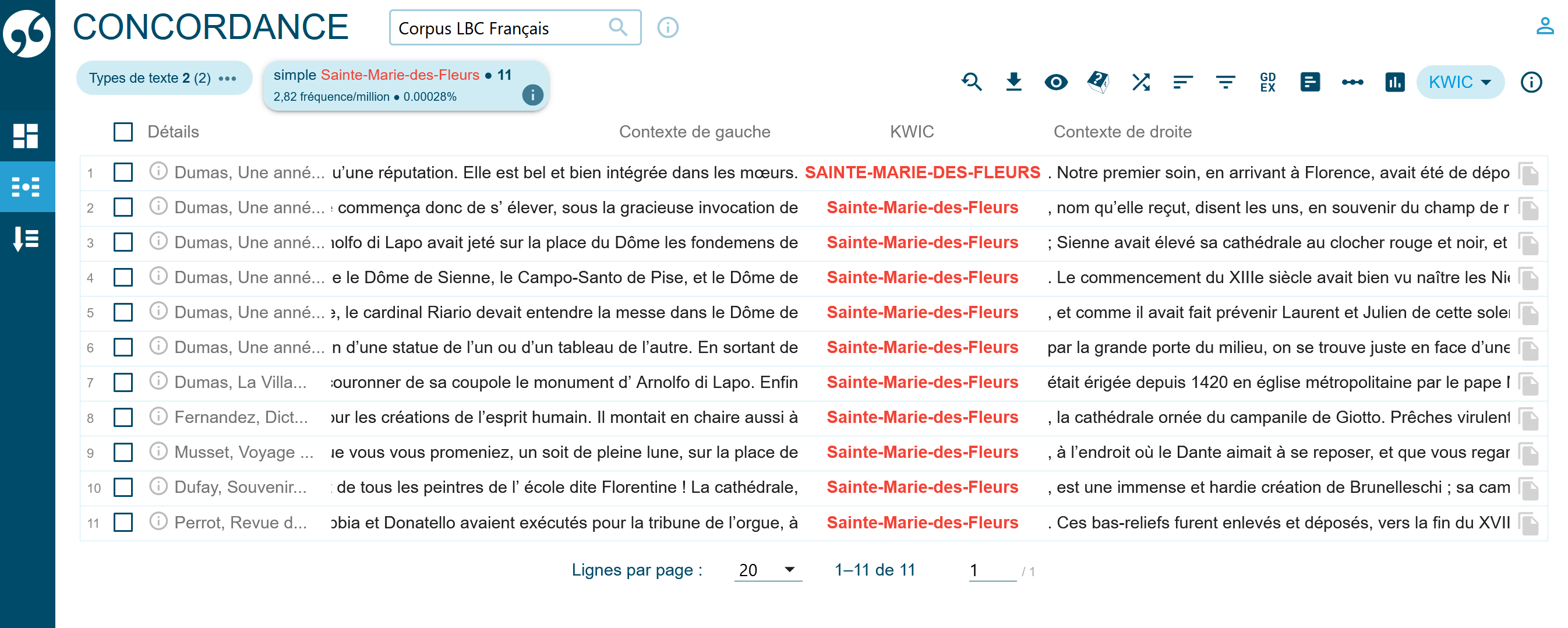 Les onze occurrences de Sainte-Marie-des-Fleurs dans les sources littéraires du corpus.