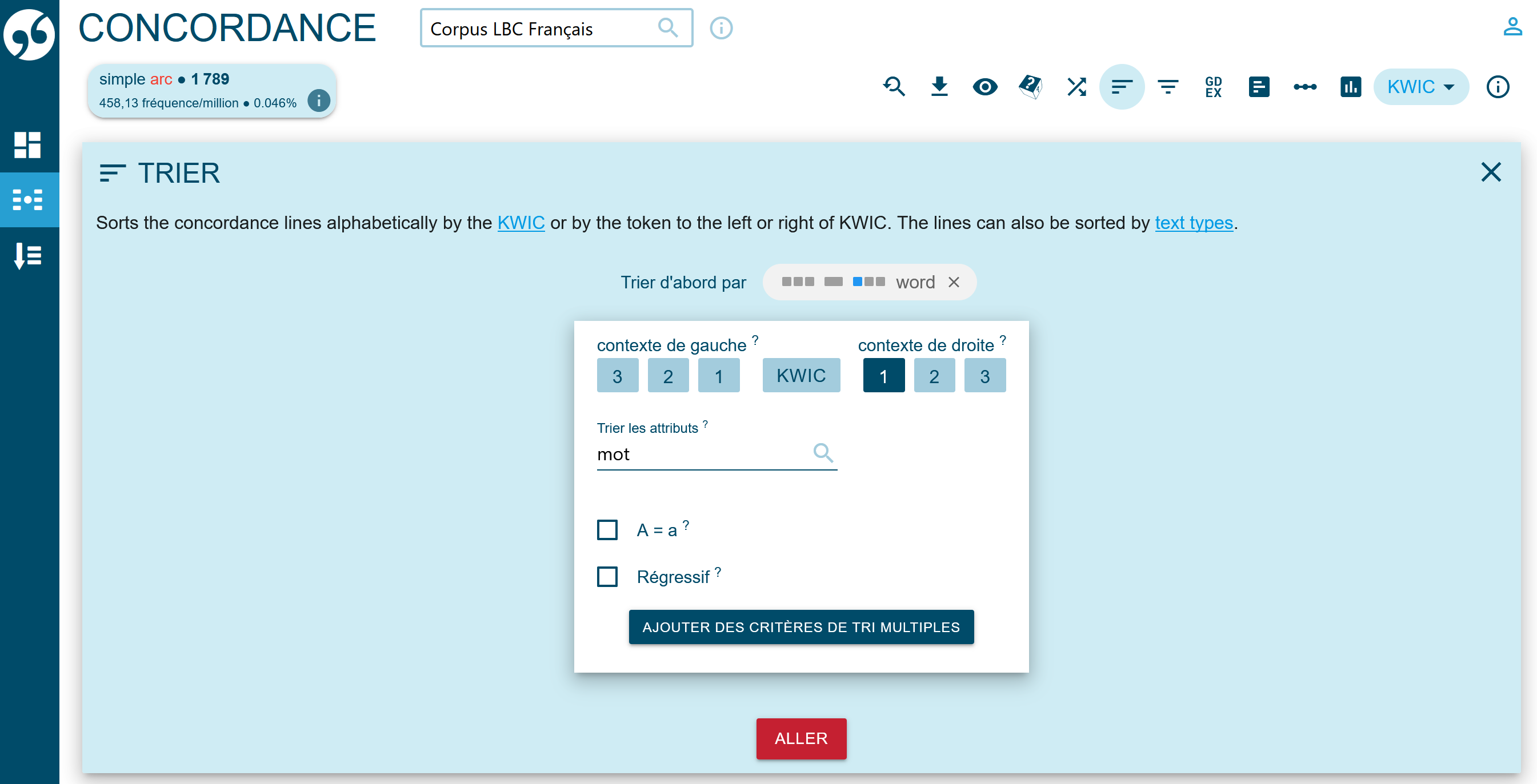 Recherche de résultats à l’aide de l’option ‘Trier’ sur les collocations contenant le mot arc (ordonnées selon le contexte à gauche du mot).