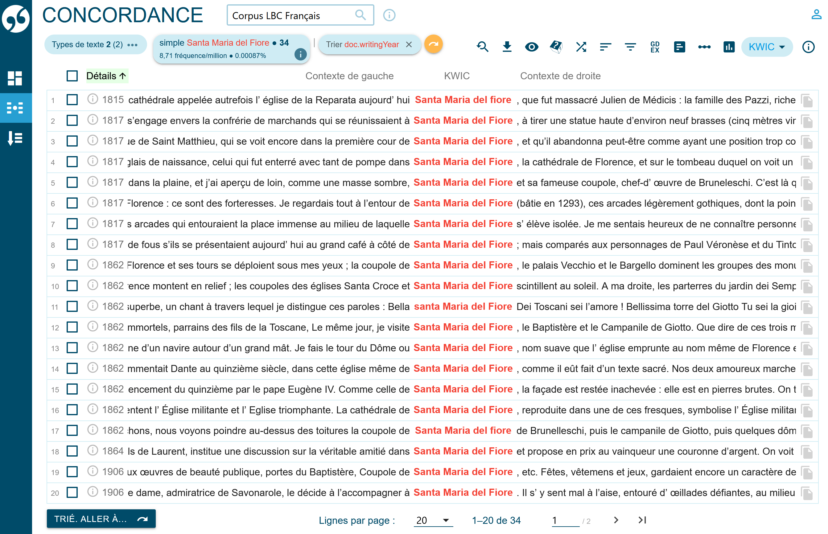 Visualisation des occurrences de Santa Maria del Fiore dans la catégorie Littéraire du corpus, classées par date de rédaction (classement en cliquant en haut à gauche sur ‘Détails’).