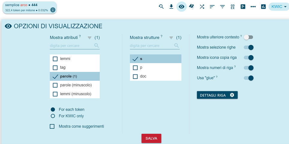 Scelte disponibili per la visualizzazione del riferimento testuale in “View options”.